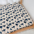 Gus goose print fitted crib sheet in blue and tan, animal print baby boy bedding